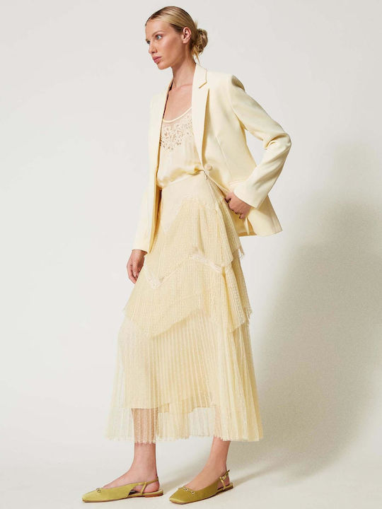 Pleated High-waisted Maxi Skirt with Tulle Yellow