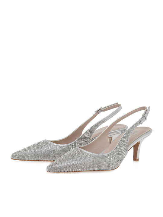 Synthetic Leather Silver Medium Heels with Strap