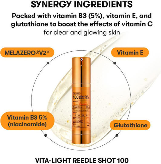 VT Cosmetics Vita-Light Reedle Shot 100 Cica Reedle Serum Für Gesicht Mit Centella Asiatica & Vitamin C Für Aufhellung & Nährend 50ml