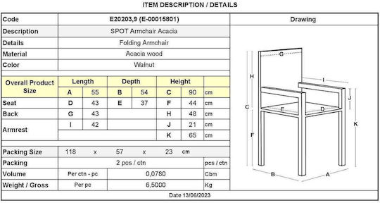 Outdoor Chair Wooden Spot Acacia 55x54x90cm