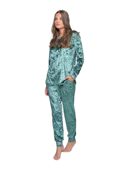 Milena by Paris Winter Damen Pyjama-Set Samt Olive