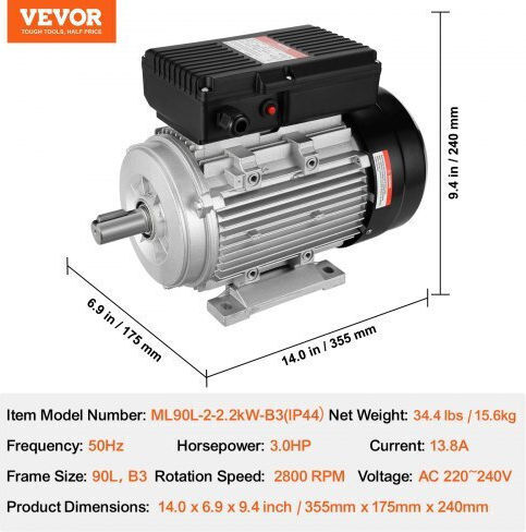 Single-phase Electric Motor 2.2 Kw 2800 Rpm 90l B3 Frame 13.8 A 220 V/50 Hz