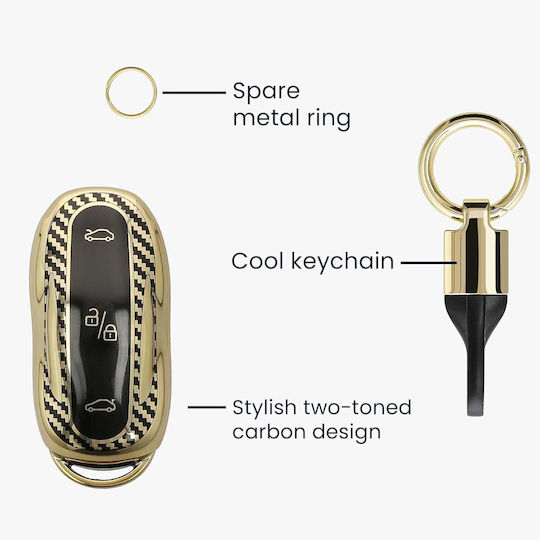 Tesla Car Key Cover Silicone Keychain Model S Y 3 Metallic Carbon Fiber Gold Black Kwm000025gr001c