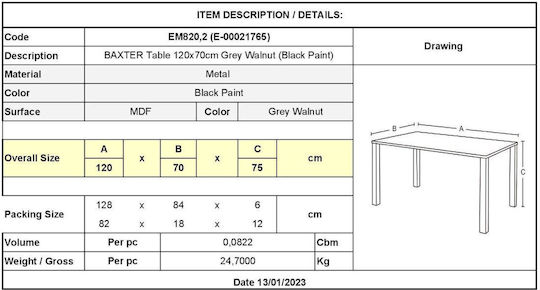 Baxter Трапезна Маса Дървена с Метална Рамка Сив Орех 120x70x75см EM820,2