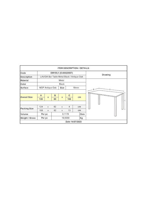 Lavida Table Bar Wooden with Metal Frame Oak 120x60x106cm