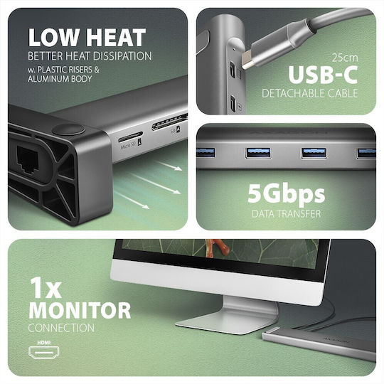 Axagon USB-C Docking Station mit HDMI 4K PD Ethernet Silber (HMC-10HLS)