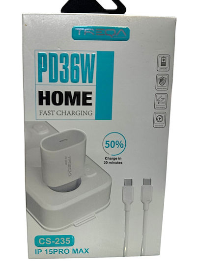 Treqa Ladegerät mit USB-C Anschluss und Kabel USB-C - USB-C 36W Schnellaufladung 3.0 Weißs (CS-235)