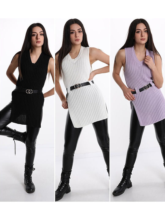 Knit Dress Blouse with Side Slits + Belt