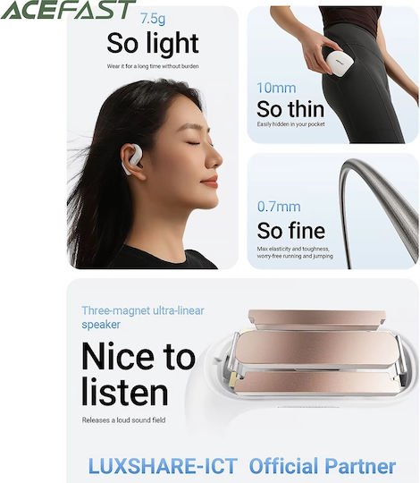 Acefast FA002 Air Open Ear Bluetooth Handsfree Ακουστικά με Αντοχή στον Ιδρώτα και Θήκη Φόρτισης Λευκά