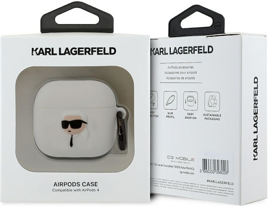 Karl Lagerfeld Karl Head 3D Case Silicone with Hook in White color for Apple AirPods 4