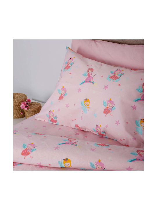 Set Cearceafuri Pentru Copii Din Țesătură Albă Single Fairytale Roz 165x270cm
