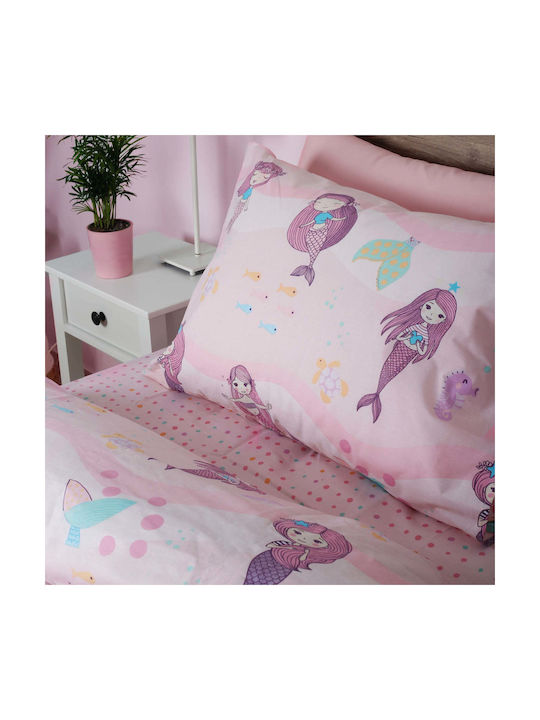 Set Cearceafuri Pentru Copii Din Țesătură Albă Single Mermaid Roz 165x270cm