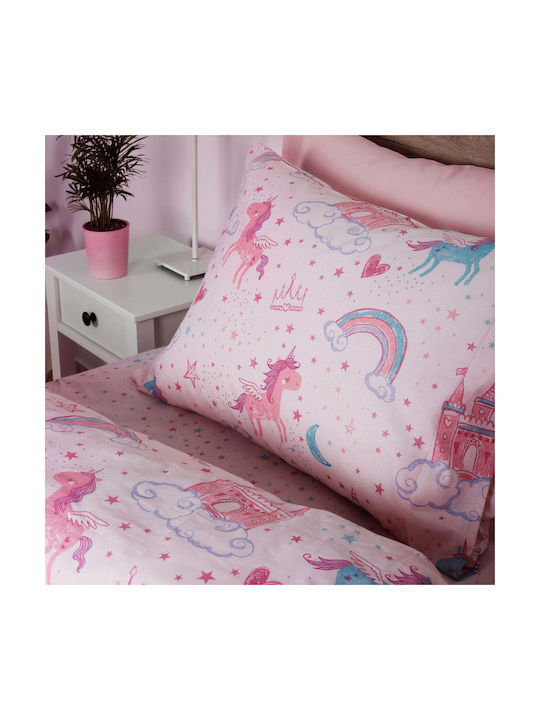 Set Cearceafuri Pentru Copii Din Material Alb Single Unicorn Roz 165x270cm