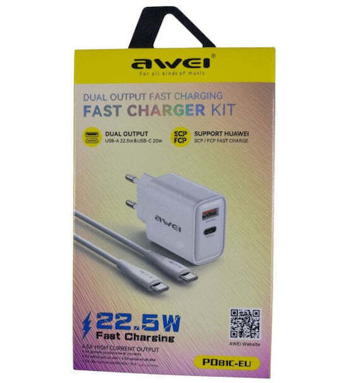 Awei Charger with USB-A Port and USB-C Port and Cable USB-C - USB-C 22.5W Power Delivery Blacks (PD81C)