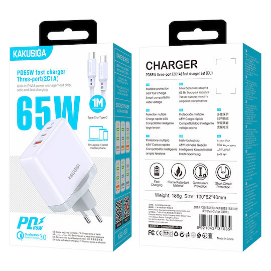 Kakusiga Φορτιστής με Θύρα USB-A και 2 Θύρες USB-C και Καλώδιο USB-C - USB-C 65W Λευκός (KSC-933)