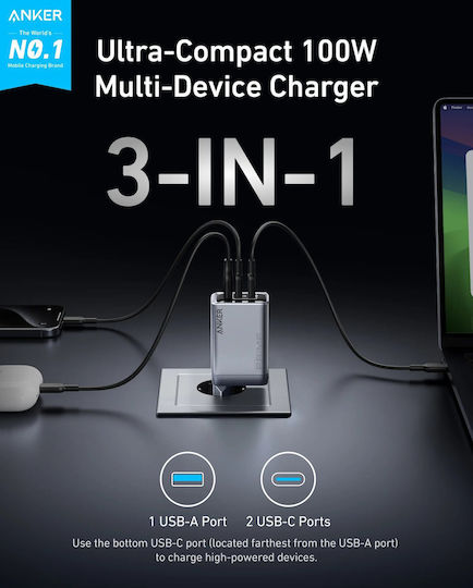 Anker Încărcător Fără Cablu GaN cu Port USB-A și 2 Porturi USB-C 100W Livrarea energiei Negruς (Prime)