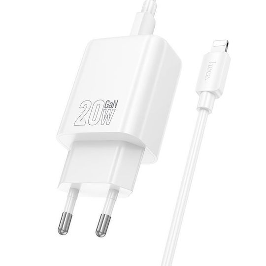 Hoco Ladegerät mit USB-A Anschluss und USB-C Anschluss und Kabel USB-C - Lightning 20W Stromlieferung / Schnellaufladung 3.0 Weißs (N61)