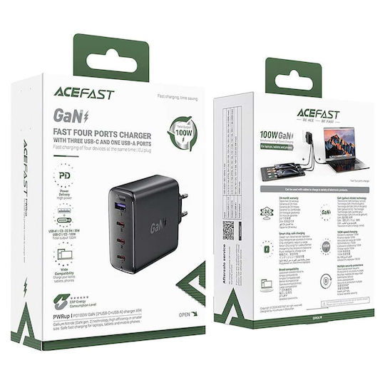 Acefast Φορτιστής Χωρίς Καλώδιο με Θύρα USB-A και 3 Θύρες USB-C 100W Power Delivery Μαύρος (A94)
