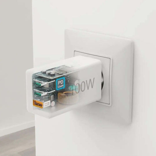 HAMA Зарядно без кабел GaN с USB-A порт и 2 USB-C порта 100W Power Delivery Бял (201997)