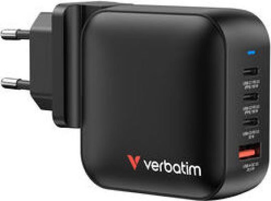 Verbatim Charger Without Cable GaN with USB-A Port and 3 USB-C Ports 100W Power Delivery / Quick Charge 3.0 Blacks (Mini)