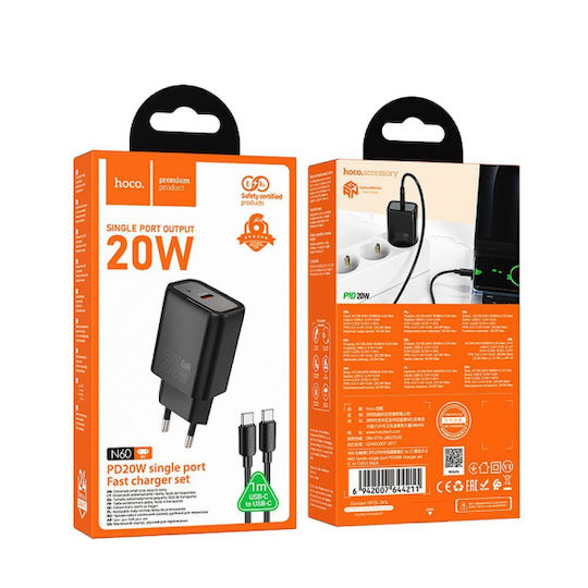Hoco Φορτιστής με Θύρα USB-C και Καλώδιο USB-C - USB-C 20W Power Delivery / Quick Charge 3.0 Μαύρος (N60)