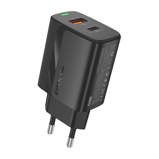Foneng Φορτιστής με Θύρα USB-A και Θύρα USB-C και Καλώδιο USB-C - USB-C 20W Power Delivery Μαύρος (EU66)