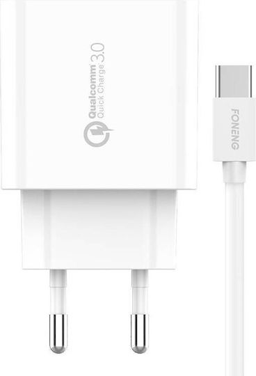 Foneng Φορτιστής με Θύρα USB-A και Καλώδιο USB-C 18W Quick Charge 3.0 Λευκός (EU46)