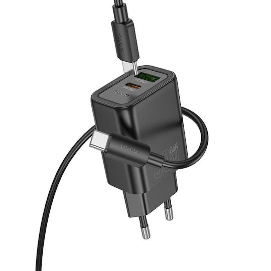 Hoco Φορτιστής με Θύρα USB-A και Θύρα USB-C και Καλώδιο USB-C - USB-C 30W Power Delivery / Quick Charge 3.0 Μαύρος (N63)