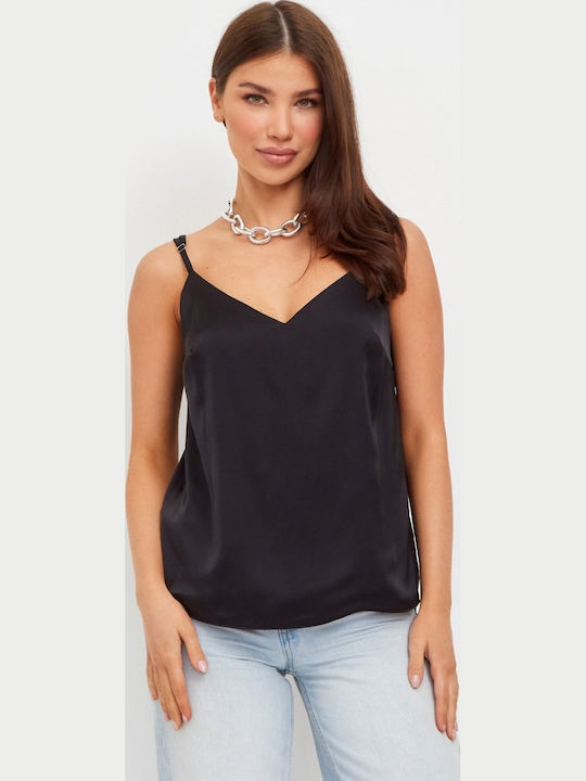 Γυναικείο Crop Top Σατέν με Τιράντες & V Λαιμόκοψη Μαύρο