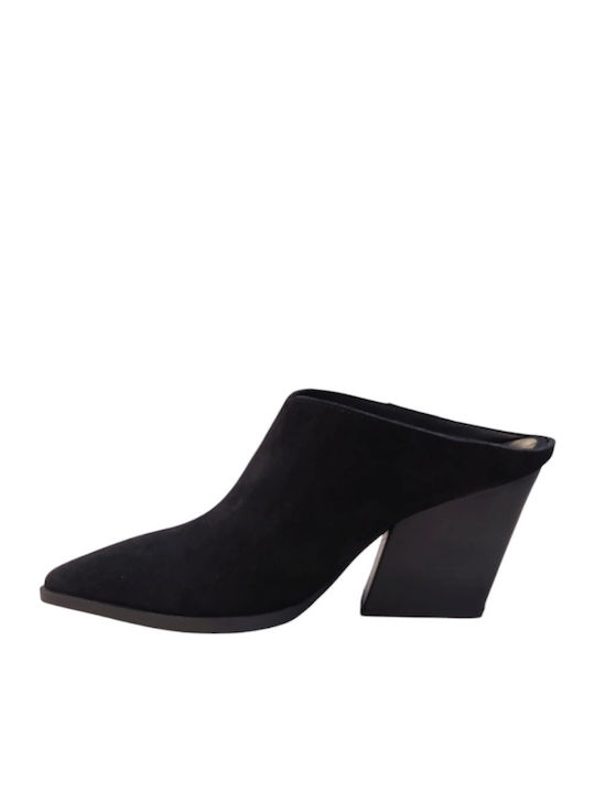 Leather Mules with Chunky High Heel in Black Color