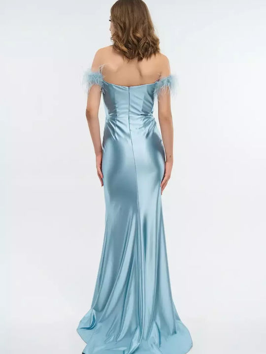 Maxi Dress for Wedding - Christening Satin Off-Shoulder Light Blue