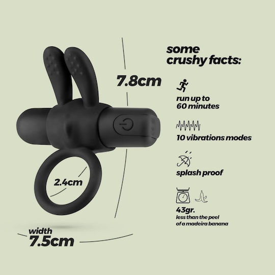 Crushious Wonka Rechargeable Vibrating Cock Ring Black 7.8cm 10 Speeds