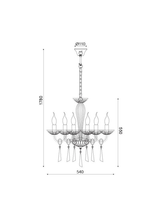 Aca Violet Chandelier 6xE14 Ø60cm with Candlesticks Transparent BLK80286PCC