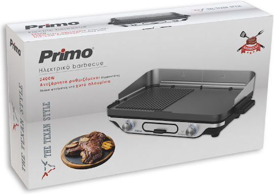 Primo PRBQ-40498 Tabletop Electric Grill Smooth and Ribbed Plate 2400W Inox with Adjustable Thermostat 41.8cmx37.3cmcm