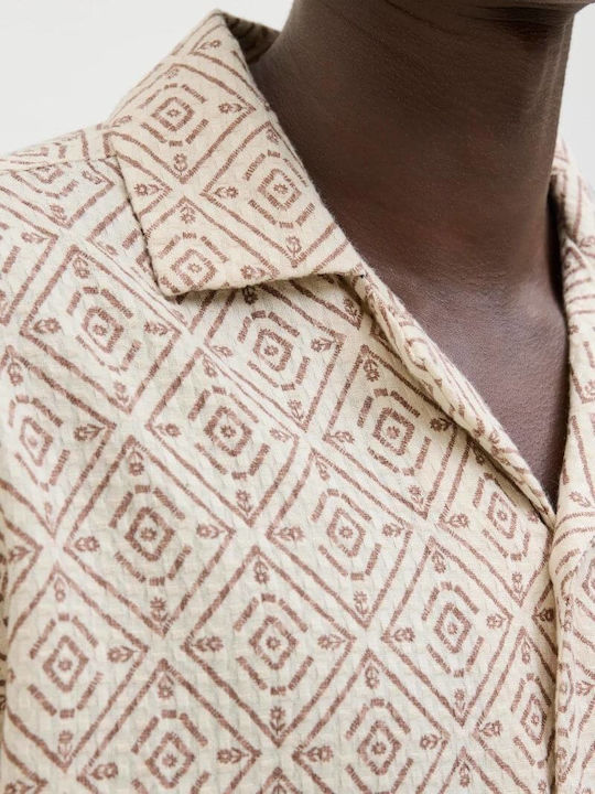 Short-sleeved Cotton Shirt in Wide Line Oatmeal