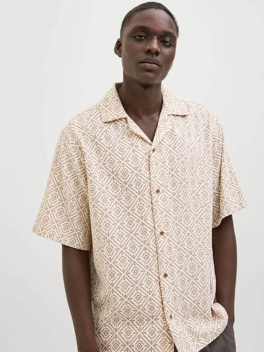 Short-sleeved Cotton Shirt in Wide Line Oatmeal
