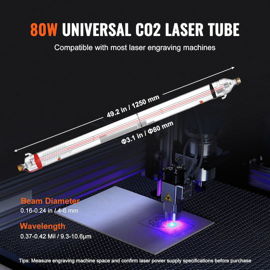 Vevor 90W CO2-Laserröhre 49,2 Zoll 1250 mm Laserschneidröhre Borosilikatglas