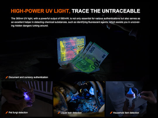 Fenix Rechargeable Keychain Flashlight LED UV IP66 with Maximum Brightness 700lm Gray E06R