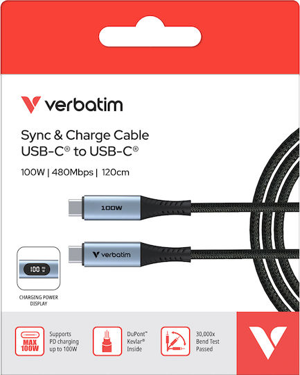 Verbatim Braided / LED USB 2.0 Cable USB-C male - USB-C 100W PD Μαύρο 1.2m 31848