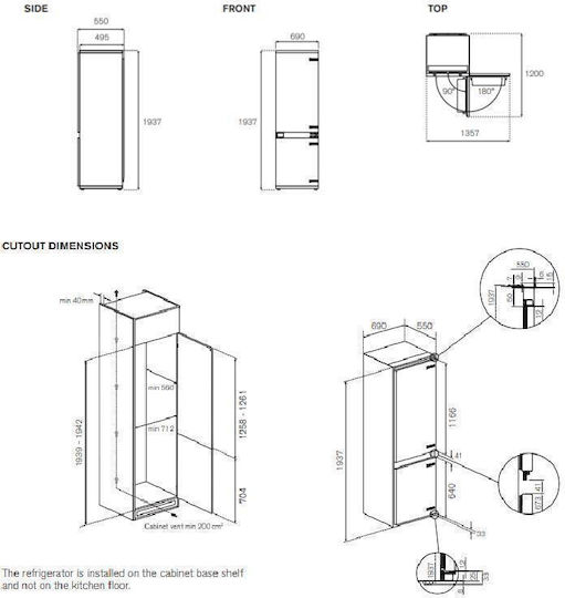 Bertazzoni Eingebauter Kühl-Gefrierkombination 341Es Total NoFrost H193.7xB69xT55cm. Weiß REF70 4BBN PTC-S
