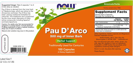 Now Foods Pau D' Arco 500mg 100 capsule veget