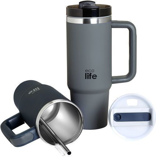 Ecolife Recyclable Handled Tumbler Thermos Stainless Steel / Plastic BPA Free 900ml Junior Grey with Straw and Handle