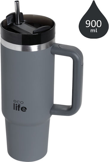 Ecolife Recyclable Handled Tumbler Thermos Stainless Steel / Plastic BPA Free 900ml Junior Grey with Straw and Handle