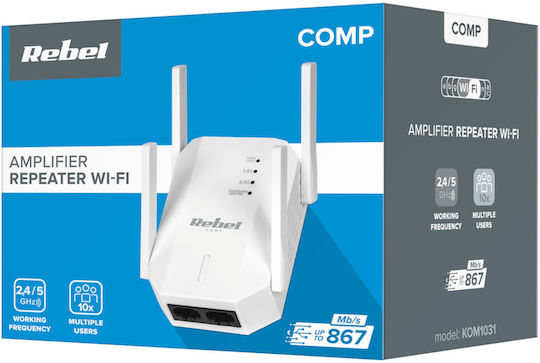 Rebel KOM1031 WiFi Extender Dual Band (2.4 & 5GHz) 1167Mbps with 2 Ethernet Ports