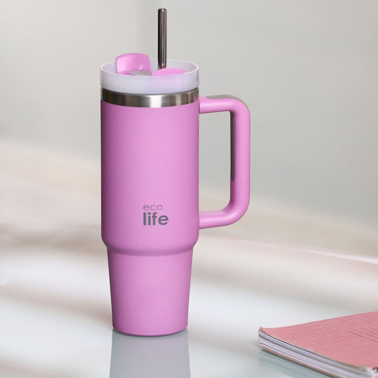 Ecolife Recyclable Handled Tumbler Thermos Stainless Steel BPA Free 900ml IRIS COFFEE THERMOS with Straw and Handle