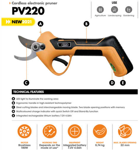Volpi PV220 Ψαλίδι Κλαδέματος Μπαταρίας 7.2V Brushless