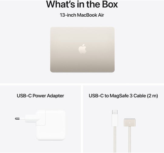 Apple MacBook Air 15.3" IPS Retina Display (M4-10-Core/16GB/512GB SSD/10-Core GPU) με Φορτιστή 35W (Dual Port) Starlight (GR Keyboard)