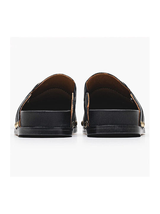 Flach Leder Mules in Schwarz Farbe