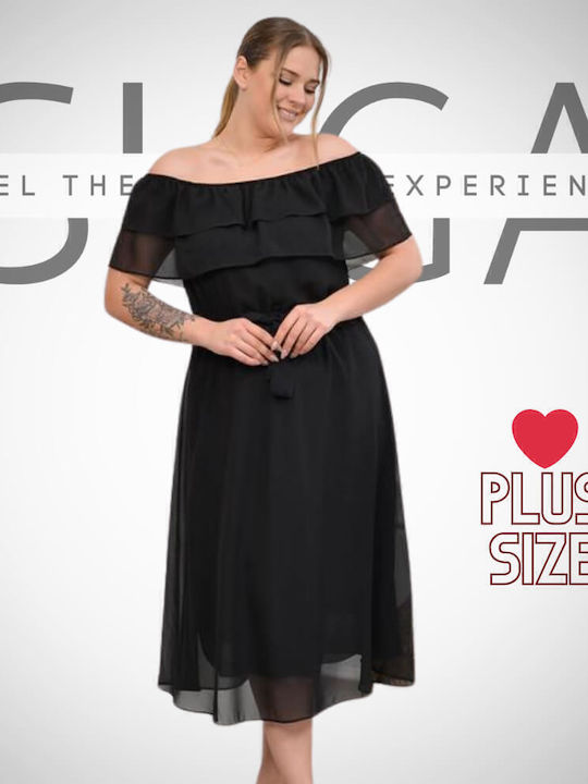 Summer Midi Evening Dress with Sheer Black