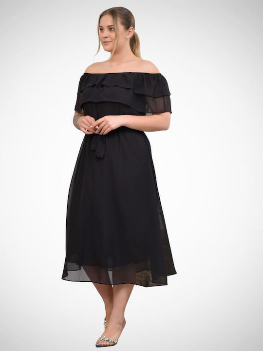 Summer Midi Evening Dress with Sheer Black